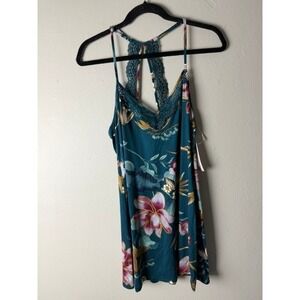 Linea Donatella Teal Floral Lace Trim Racerback Chemise Nightgown MHK110 Small